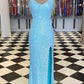 Elegant Blue Spaghetti Straps Prom Dress With Side Slit,Blue Graduation Dress Y1029
