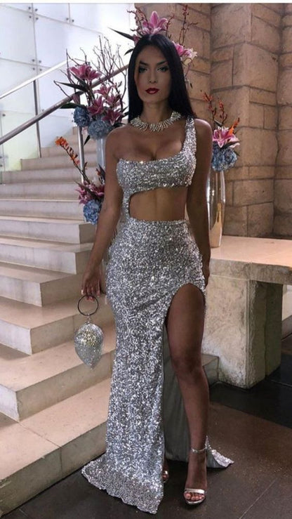 silver prom dress, sequin prom dresses, evening gown Y1036