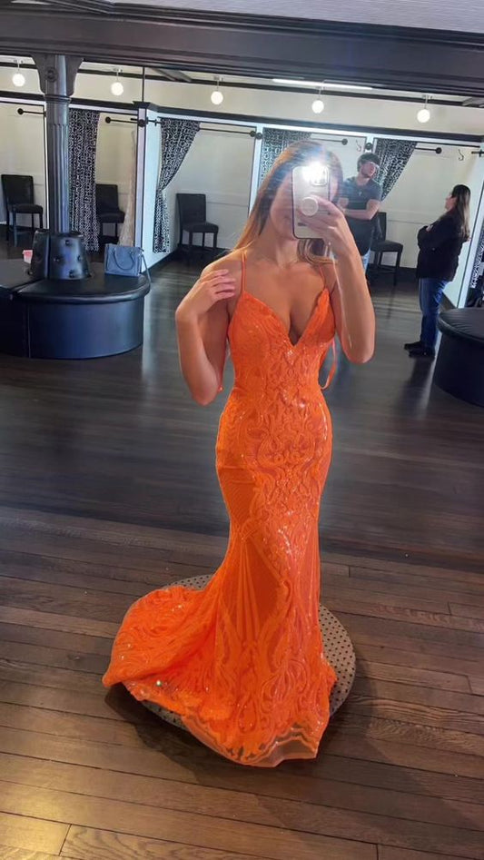 Orange Mermaid V Neck Spaghetti Straps Evening Dress ,Charming Prom Gown Y843