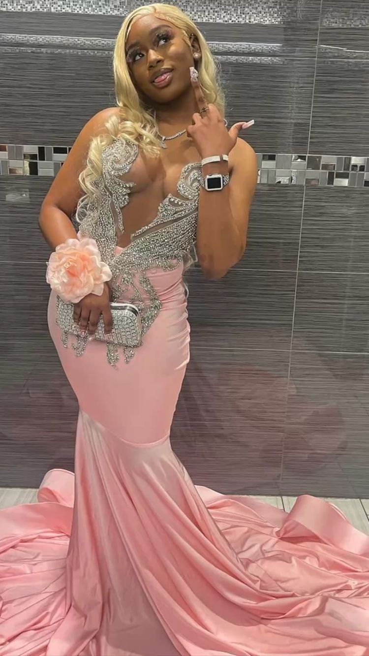 Elegant Deep V Neck Mermaid Evening Dress, Pink Prom Dress For Black Girls  Y797