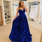 Stunning V Neck Royal Blue Sequins Long Prom Dresses Y828