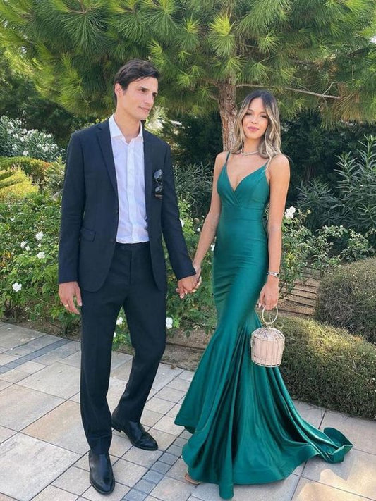 Simple Satin V Neck Mermaid Green Long Prom Dress, Green Evening Dress Y852