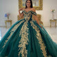 Dark Green Sweet 15 Quinceanera Dresses with Gold Applique Sequin Ball Gown Sweep Train Y962