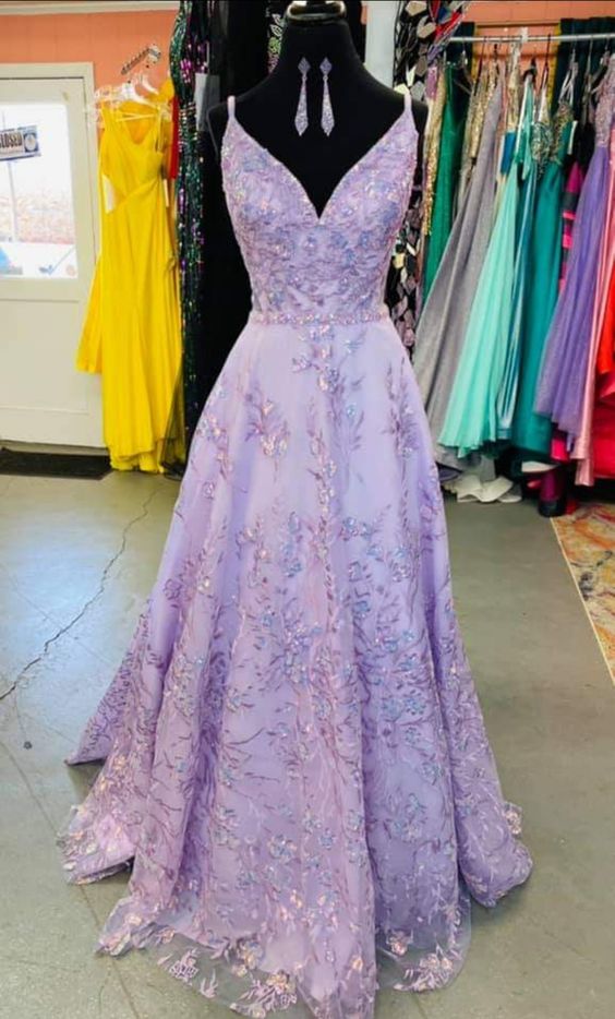 A-line Spaghetti Straps V Neck Prom Dress,Lavender Graduation Dress Y1002