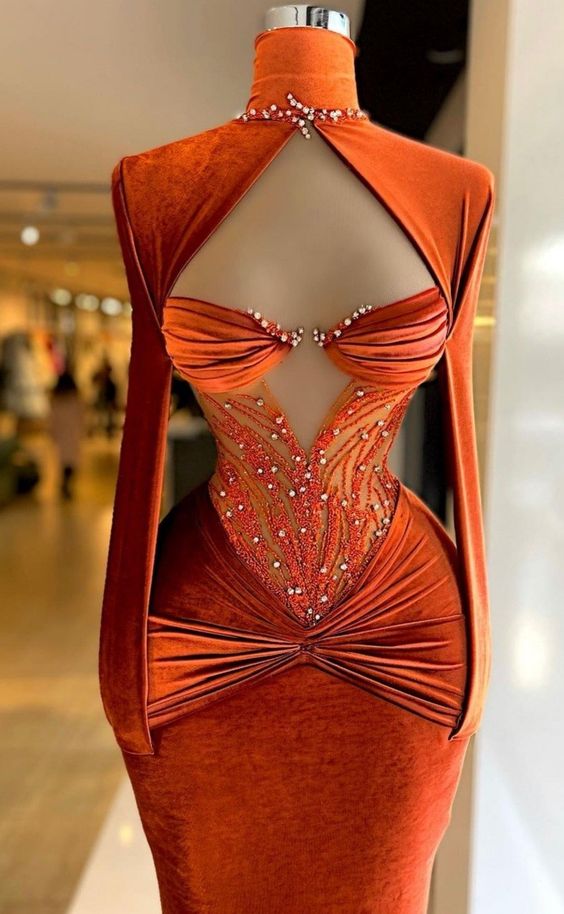 Classy Burnt Orange Velvet Long Evening Dress,Pageant Dress Y991