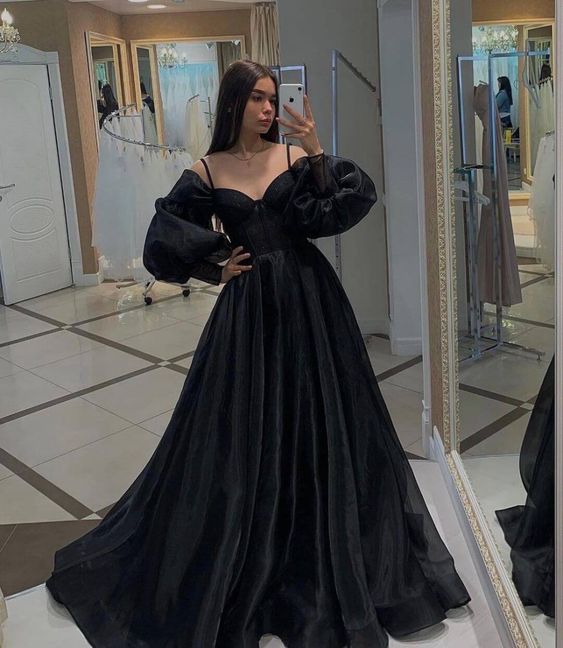 Black Long Sleeves Prom Dresses,Black Formal Dresses,Party Dress with Train Y1027