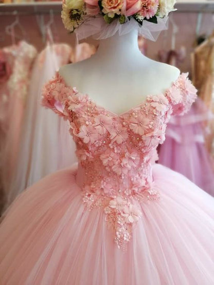 Off The Shoulder Pink Tulle Prom Dress,Pink Princess Dress,Sweet 15 Dress Y1123