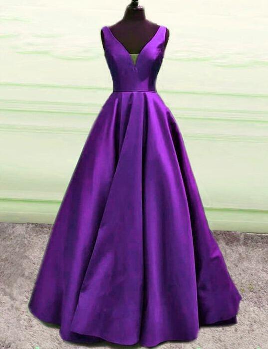 Elegant V Neck Purple Satin Long Prom Dress,Formal Gown Y1080