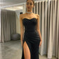 Glamorous Mermaid Sweetheart Black Satin Long Prom Dresses Sexy Evening Party Dresses with Side Slit Y1013