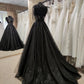 Sparkly black prom dress night corset neckline fairy tale tulle princess bride bridal gothic dark queen night alternative bride S21673