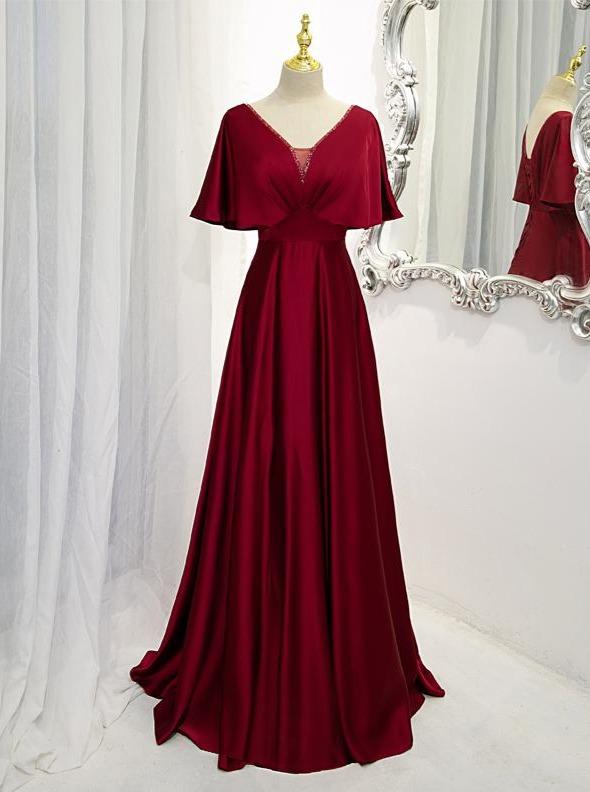 Dark Red Satin A-line Floor Length Evening Dress, Wedding Guest Dresses Y1439