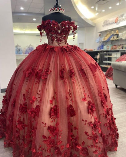 Shimmery Off Shoulder 3D Flowers Quinceanera Dress and Train,Ball Gown Y1448