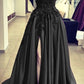 Black Satin Slit Dresses, With Lace Embroidery Prom Dresses Y1764
