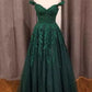 Hunter Green Floral Appliques Off-the-Shoulder A-Line Prom Dress Y1702