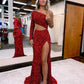 Sparkly Mermaid One Shoulder Dark Red Sequins Long Prom Dresses With Slit Y1672