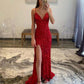 Red sequin long evening prom dress spaghetti straps v-neck split formal gown Y1678