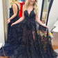 Black v neck tulle lace long prom dress, black tulle lace evening dress Y1773