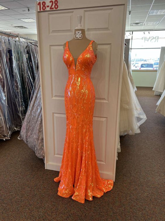 Orange Sequins Mermaid V-neck Long Prom Dress,Elegant Evening Dress,Orange Formal Gown Y1714