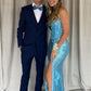 Glitter Blue Sequins Long Prom Dress with Flower Appliques Y1755