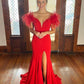 Plunging V-Neck Off the Shoulder Feathered Red Long Prom Dress Y1675