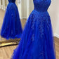 Blue Tulle Lace A-line Scoop Spaghetti Straps Prom Dresses, Evening Dress Y1816