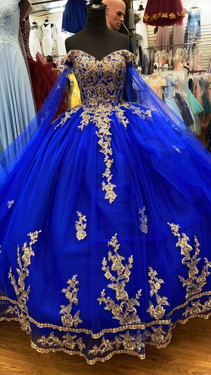 Royal Blue Tulle Ball Gown With Gold Lace Sweet 16 Dress Y530