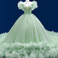 Mint Green Tulle V-neck Beading Sequins Ball Dress With Train Y613
