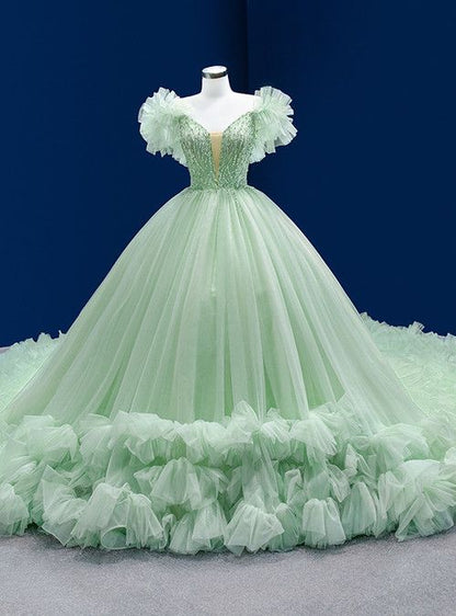 Mint Green Tulle V-neck Beading Sequins Ball Dress With Train Y613 Simplepromdress Mint Green Tulle V-neck Beading Sequins Ball Dress With Train Y613 Simplepromdress
