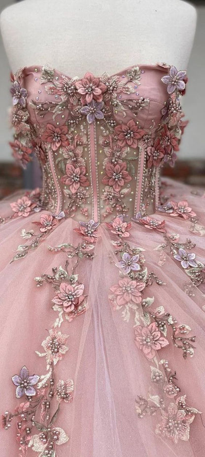 Pink Tulle Floral Appliques Ball Gown Sweet 16 Dress  Y527