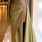 One Sleeve Mermaid Olive Green Satin Long Prom Dress Charming Evening Dress Y520