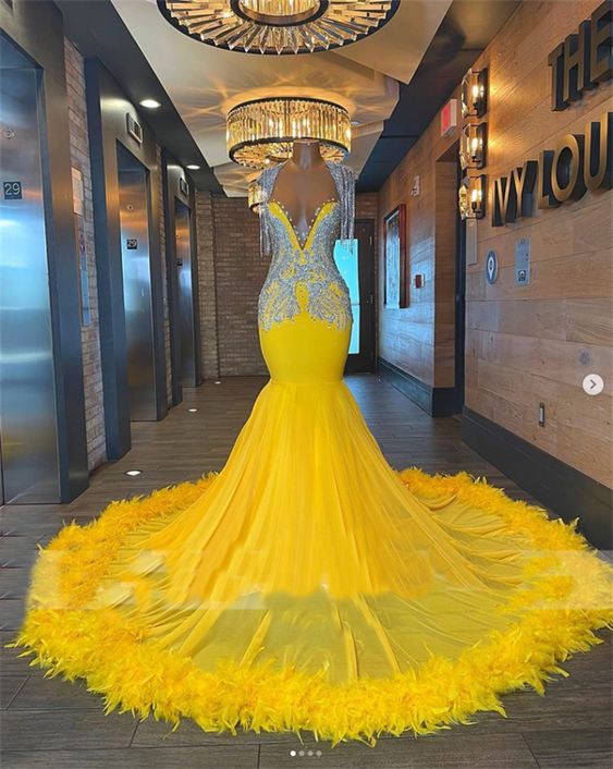 Sexy prom dresses, yellow prom dresses, feather prom dresses, crystal prom dresses, mermaid evening dresses Y546
