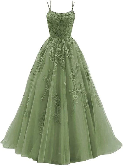 Women's Lace Applique Tulle Long Straps Cross Back Long Party Dress, Green Junior Prom Dress Y611