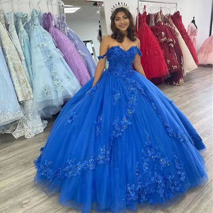 Royal Blue Off-Shoulder Ball Gown Quinceanera Dresses Fashion 3D Flower Tulle Sweet 16 Princess Dress Y524