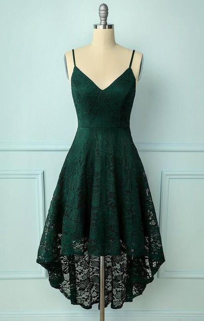 High low Dark Green Spaghetti Straps Lace Short Prom Dress A-line Dark Simplepromdress High low Dark Green Spaghetti Straps Lace Short Prom Dress A-line Dark Simplepromdress