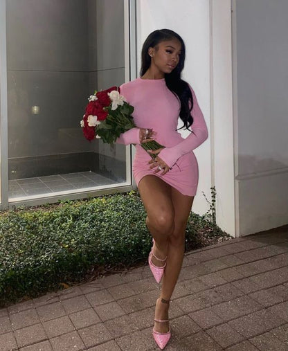 19th Birthday Outfit Pink Long Sleeves Tight Dress Sexy Homecoming Dre – Simplepromdress