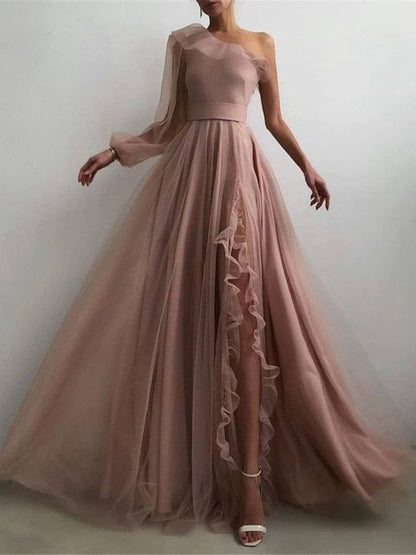 Charming One-Shoulder A-line Sexy Slit Sleeves Prom Dresses S25688