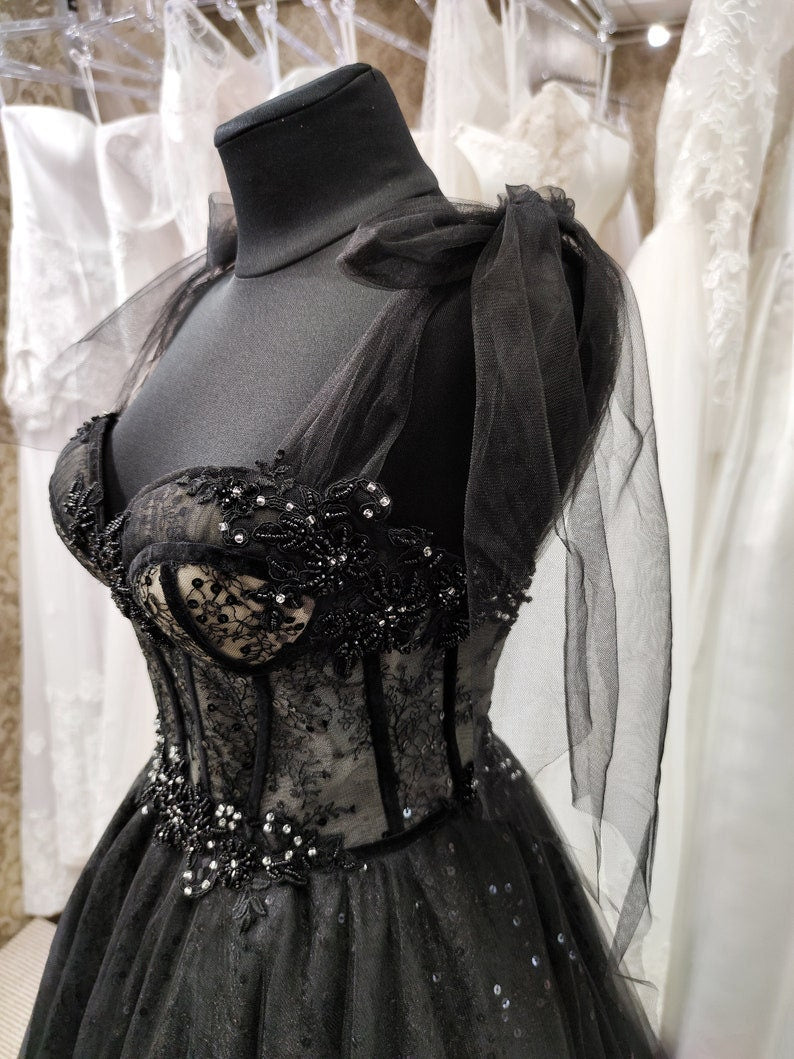 Sparkly black prom dress night corset neckline fairy tale tulle prince –  Simplepromdress