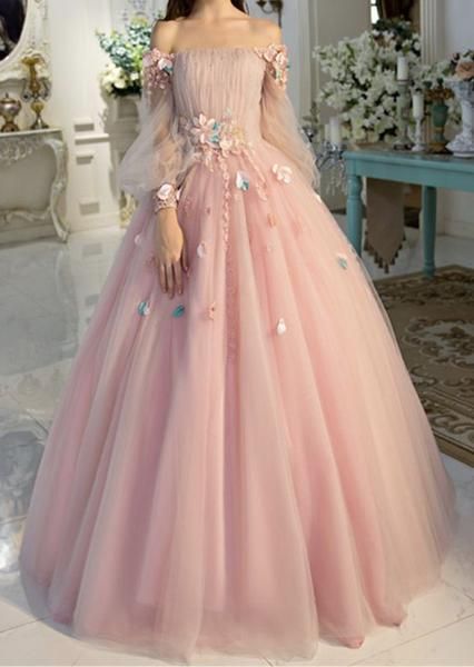 Long Sleeve Prom Dresses, Pearl Pink Ball Gown Long Floral Fairy Prom Dress S24387