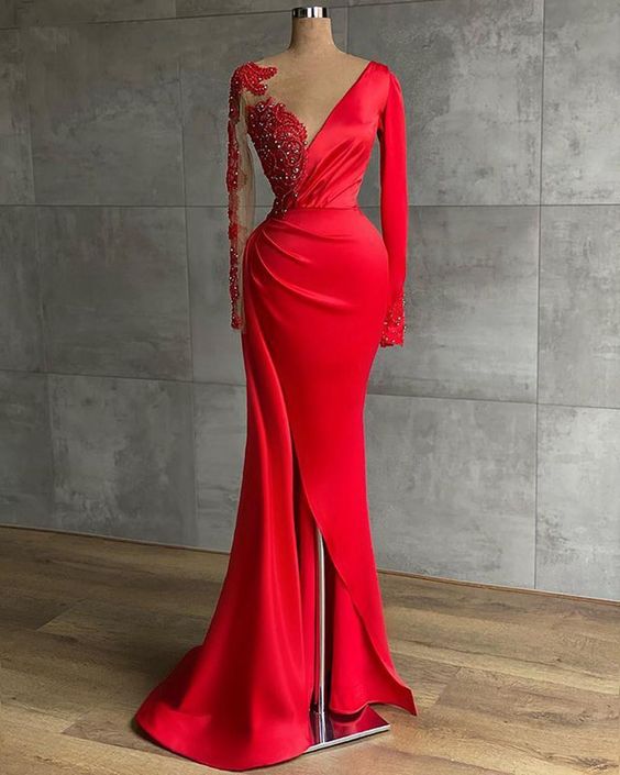 Long Red Satin Evening Dresses, Sheer Neckline Long Sleeve Beaded African High Slit Women Formal Prom Dress S24678