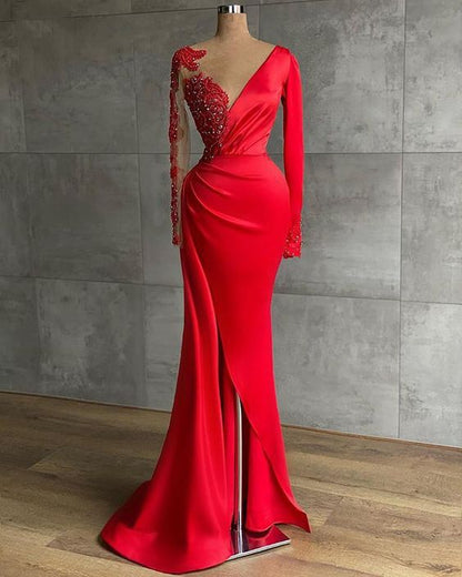 Long Red Satin Evening Dresses, Sheer Neckline Long Sleeve Beaded Afri Simplepromdress Long Red Satin Evening Dresses, Sheer Neckline Long Sleeve Beaded Afri Simplepromdress