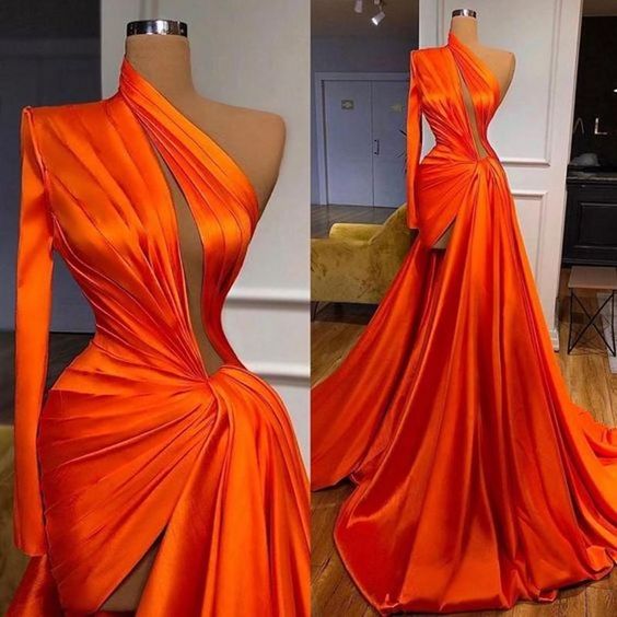 One Shoulder Prom Dress, Pleats Evening Dress S24069