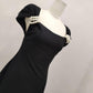 Black, pearl button-down, elegant half-sleeve prom dress, vintage dress Y1360