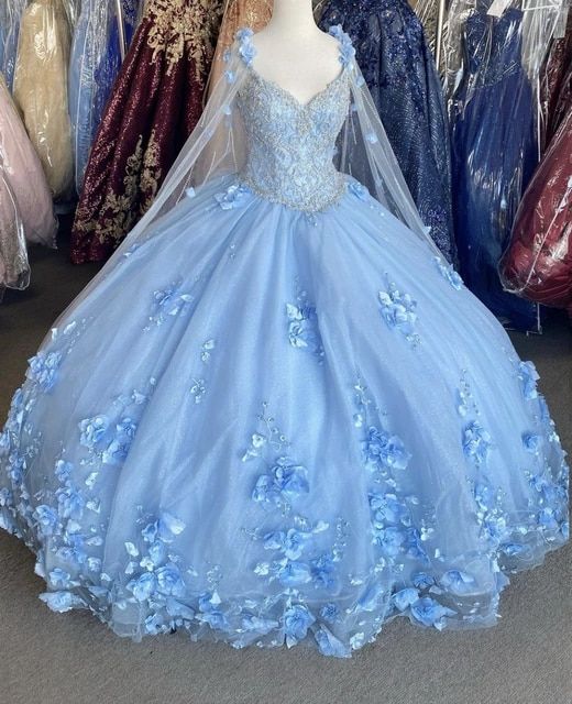 Blue flowers  tulle ball gown , chic prom dress S26907