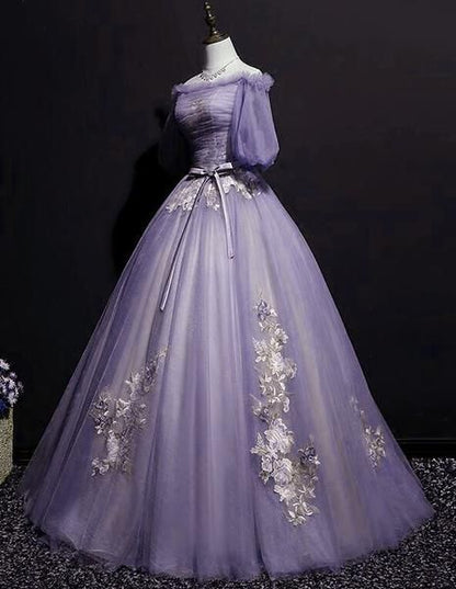 Charming Purple Short Sleeves Tulle Puffy Long Formal Dress, Lovely Evening Dress Party Dress S26513