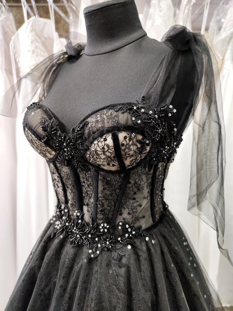 Sparkly black prom dress night corset neckline fairy tale tulle princess bride bridal gothic dark queen night alternative bride S21673