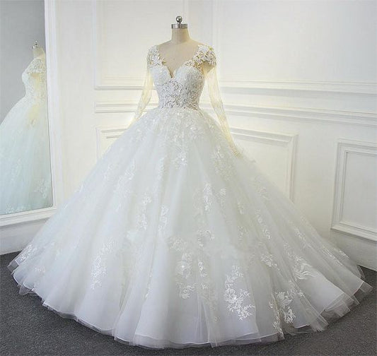 V-Neck White Organza Ball Gown Wedding Dresses Long Sleeve Bridal Dress S27009