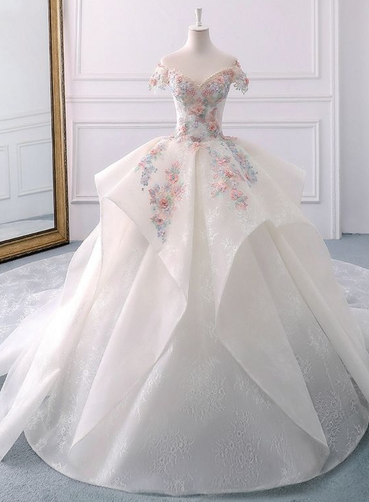 Stunning Off The Shoulder Flower Ball Gown Lace Wedding Dress Y1145