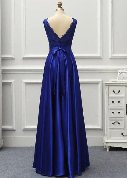 Custom Made Royal Blue Lace A Line Long Prom Dresses Cheap Prom Party Gowns ,Sexy Prom Gowns  Y1194