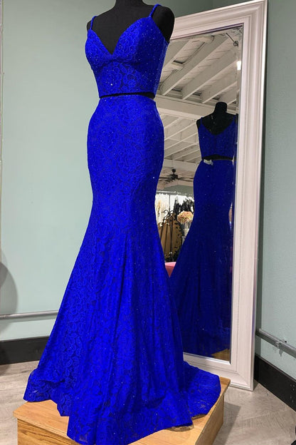 Elegant Two Piece Mermaid Royal Blue Long Prom Dress Y1191