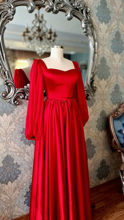 Charming Red Satin Vintage Prom Dress,Red Long Sleeves Graduation Dres – Simplepromdress Charming Red Satin Vintage Prom Dress,Red Long Sleeves Graduation Dres – Simplepromdress
